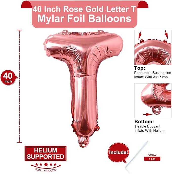 Lovoir 40 Inch Large Rose Gold Letter T Balloons Big Size Jumbo Mylar Foil - Image 2