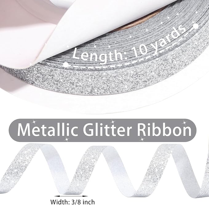 Silver Metallic Glitter Ribbon for Gift Wrapping 3/8in x 10Yds | Cheer Sparkle - Image 3