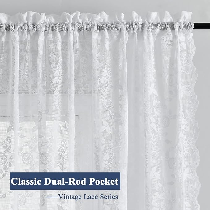 FINECITY White Lace Curtains for Living Room Rustic Floral 52x96 Inch 2 Pcs | - Image 4