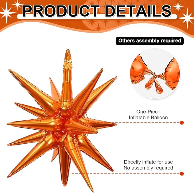 9Pcs Orange Star Balloons, Large Explosion Star Foil Balloons, Metallic Orange - Image 3