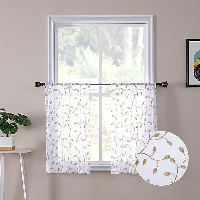 Tollpiz Leaves Short Sheer Tier Curtains Taupe Leaf Embroidery Kitchen Half by Tollpiz