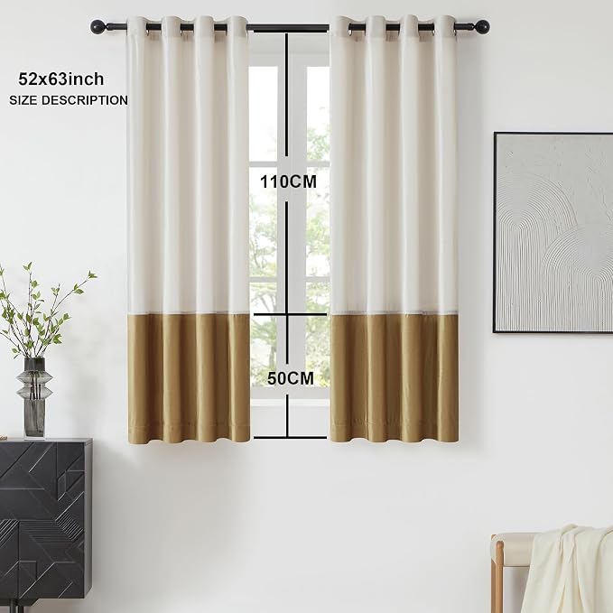 BULBUL Color Block Window Curtains Panels 63 inches Long Cream Ivory Gold - Image 6