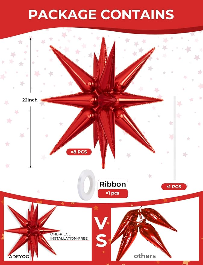 Red Star Balloons, Large Spike Balloons | 22 Inch Star Balloons, One-Piece - Image 4