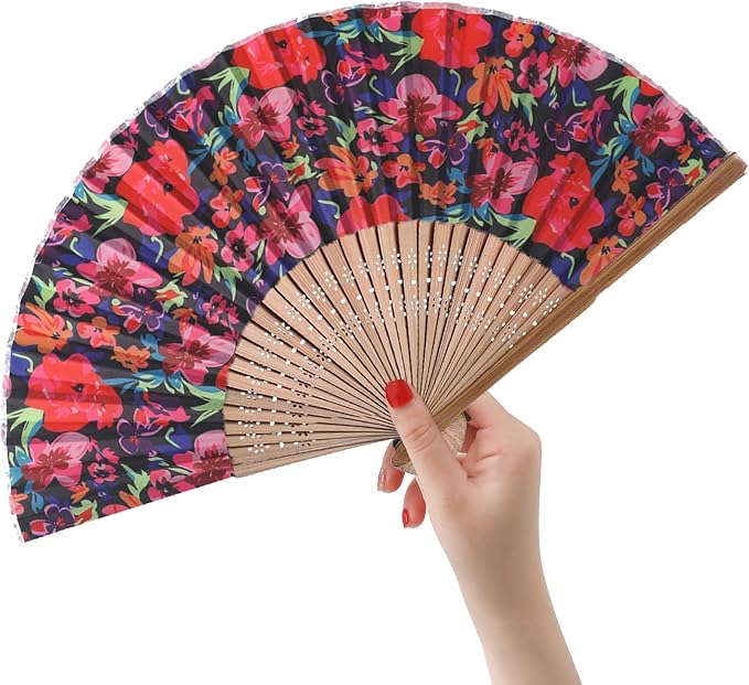 Folding Fan with Beautiful Fabric Printed BlackFlower creme - Image 3