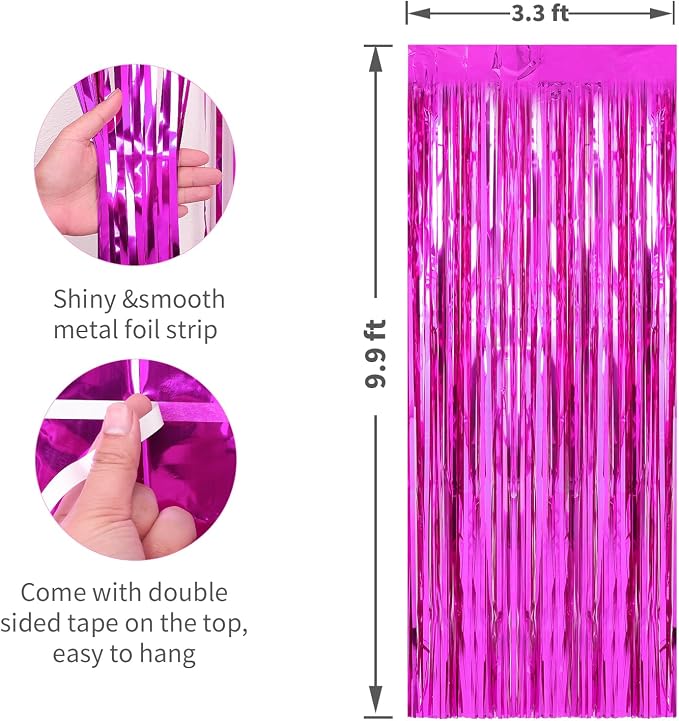 3 Pack 3.3 x 9.9 ft Hot Pink Fringe Backdrop Streamers Party Decorations | Foil - Image 2