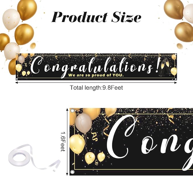 Large Congratulations Decoration Banner Graduation Yard Sign Banner Black Gold - Image 2