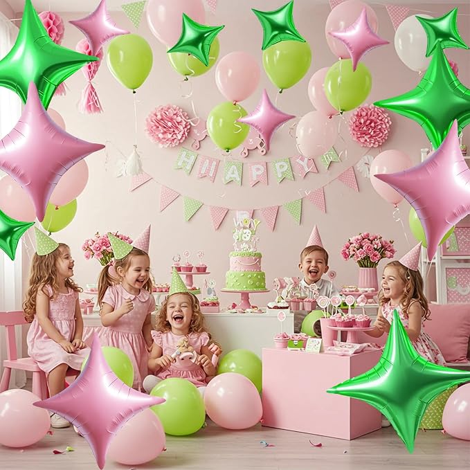 TONIFUL 30Pcs Four Pointed Star Balloon Light Pink Green Foil Balloon | 26In & - Image 3