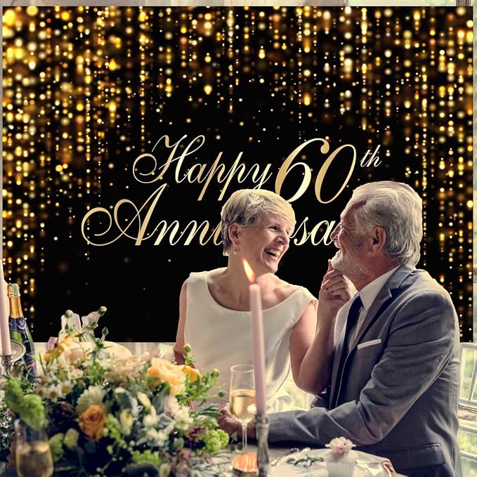 Happy 60th Anniversary Backdrop, 60th Wedding Anniversary Party Banner Black - Image 3
