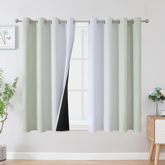 Sage and Greyish White Blackout Curtains 54 Inch Length, Light Blocking by ESTELARTEXTILER