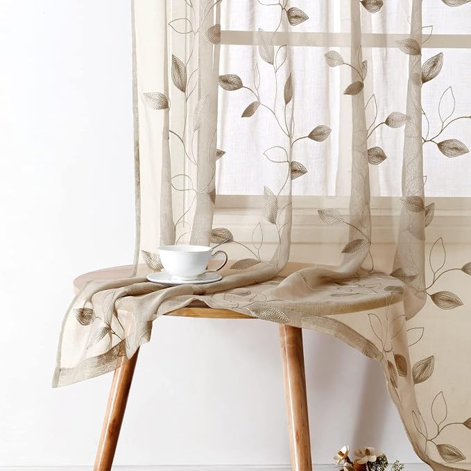 HOMEIDEAS Taupe Sheer Curtains 52 X 96 Inches Long 2 Panels Beige Embroidered - Image 6
