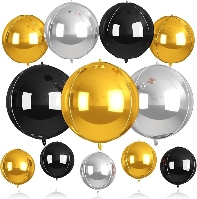 12Pcs Black and Gold Round Balloons Foil, Giant Gold Black Silver Metallic by BIAPIAN