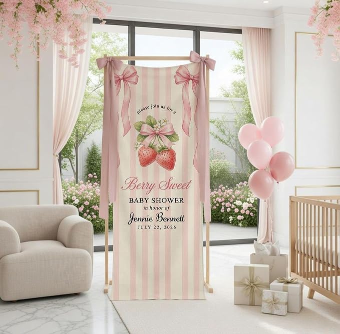Berry Sweet Strawberry Baby Shower Banner, Personalized Welcome Décor by Custom
