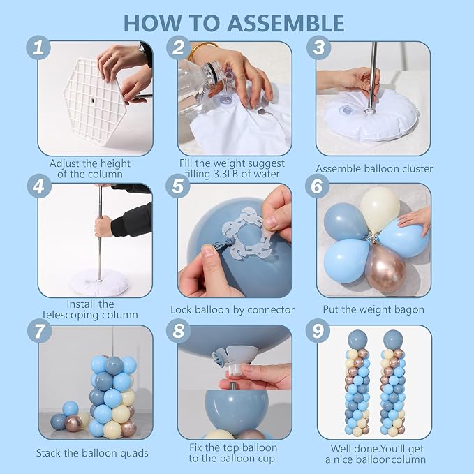 Dusty Blue Balloon Column Stand Kit 2 Sets Blue Balloons Tower | 102Pcs Fog - Image 4