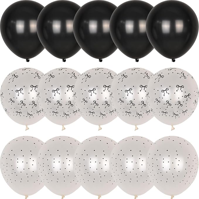 Black and White Bow Balloons, Pearl Black White Bow Print Latex Balloons - Image 8