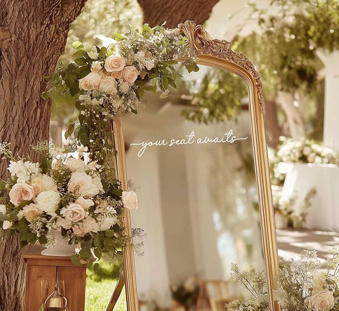 Your Seat Awaits Vinyl Decal, Wedding Seating Sticker, Mirror Decal for Seating, Please Find Your Seat Signs, Wedding Decor Sign (White, Width 17")
