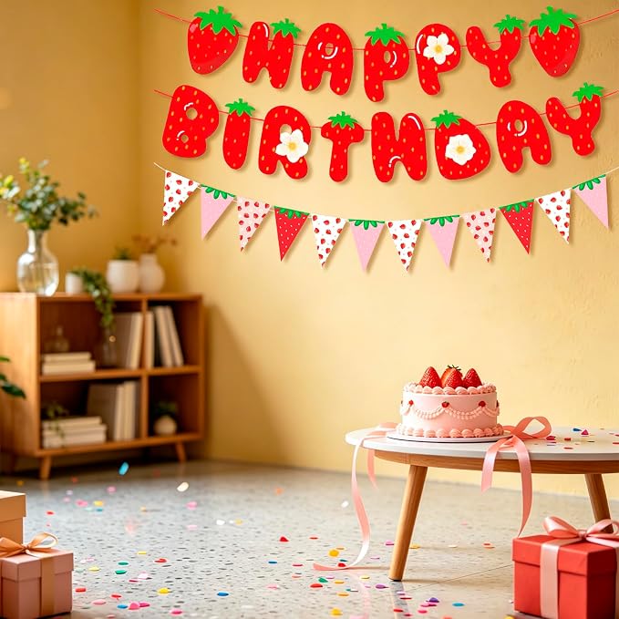 MEETINGU Strawberry Happy Birthday Banner and Strawberry Pennant - Image 4
