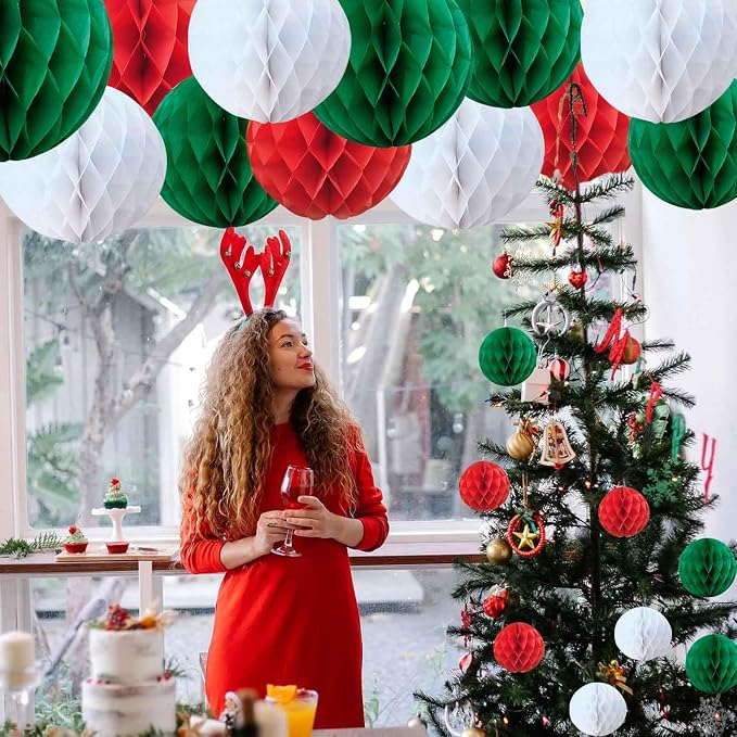 Red White Green, Christmas Paper Honeycomb Balls, 6 and 10 inch Hanging Tissue - Image 5