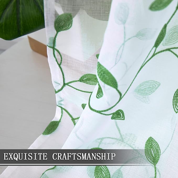 Tollpiz Leaves Short Sheer Tier Curtains Green Leaf Embroidery Kitchen Half - Image 6