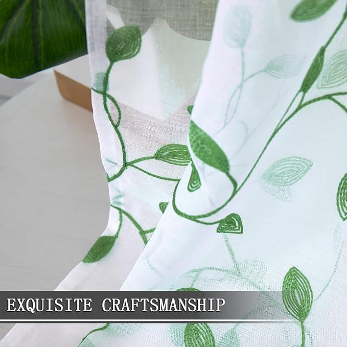 Tollpiz Leaves Sheer Tier Curtain Green Leaf Embroidery Kitchen Half Curtains - Image 6