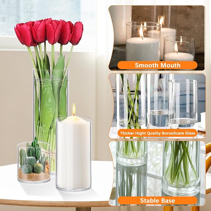 8 Pack Glass Cylinder Vases 4, 10 Inch Tall Clear Flower Vase Hurricane - Image 3