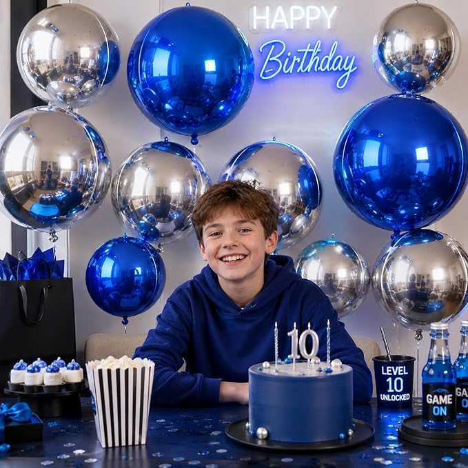 12Pcs Silver Blue Round Foil Balloons, Metallic Silver and Blue Large Balloons - Image 3