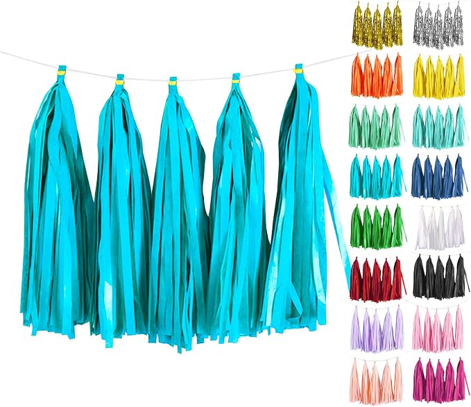 Turquoise Tassel Garland 20 Pcs, Tissue Paper Tassels Garland Banner by ODDODDY