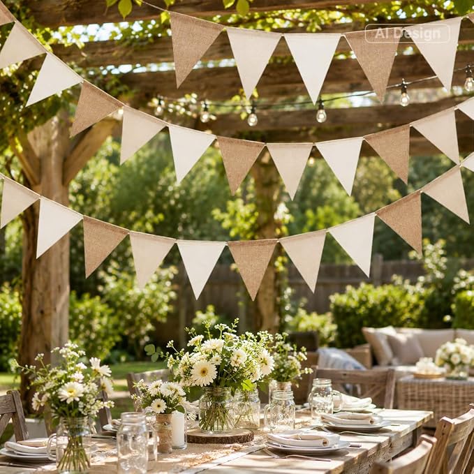 G2PLUS Pre-Strung Burlap Pennant Banner, 39Ft Linen Triangle Flag Bunting - Image 5