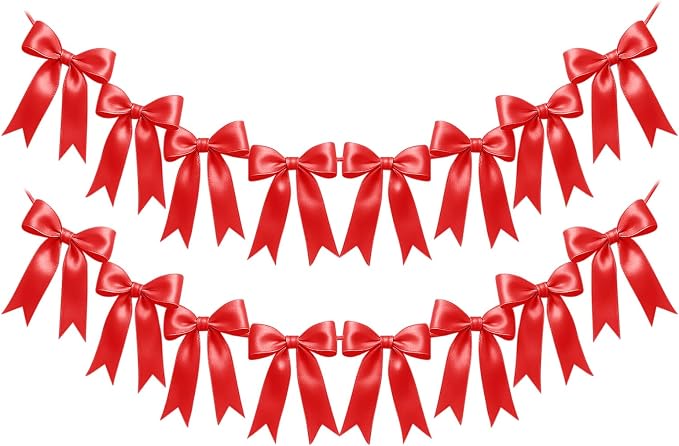 2 Strings of 16PCS Red Bow Garlands Banner Decoration, Pre-Strung Satin Ribbon by Unknown