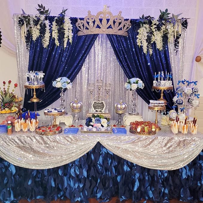 Poise3EHome 2Pcs 2Ft x 8Ft Navy Blue Sequin Backdrop Curtain, Memorial Day - Image 3
