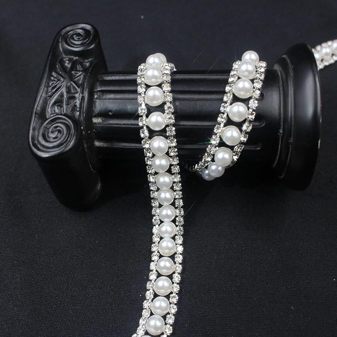 PEARLY JUN 1 Yard Pearl Rhinestone Trim Chain Silver Crystal Fringe Diamond Applique Ribbon String Tassel Strip (Silver-150, 1 Yard)