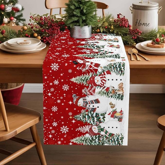 Christmas Snowman Cotton Linen Table Runner for Dining Kitchen, Xmas Tree White Snowflakes Winter Wedding Outdoor Party Tablerunners Decoration, Dresser Scarf Coffee Tablecloth Runners 13x120 Inches