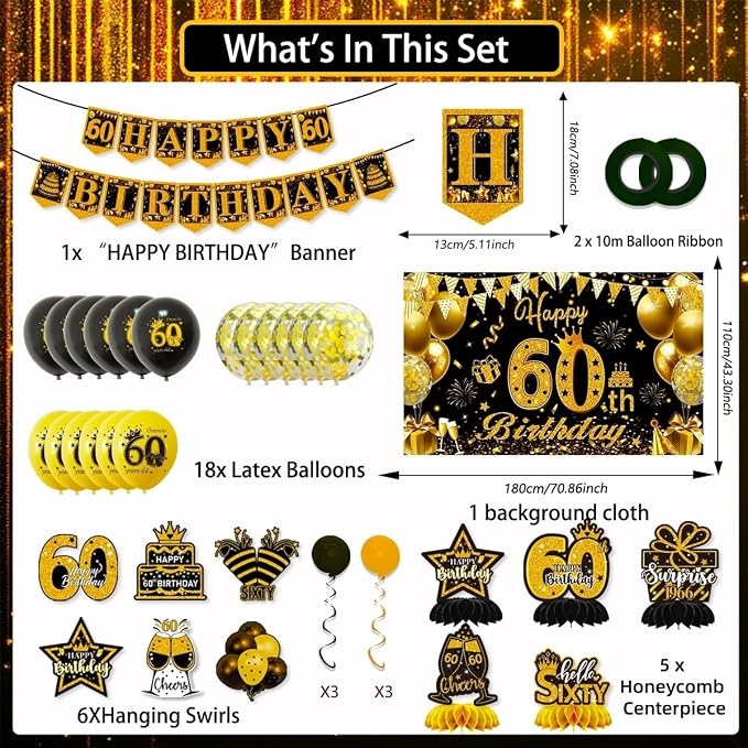 Mxdfafa 39Pcs Black Gold Glitter 60th Birthday Decorations Kit, 60th Bday Party - Image 3