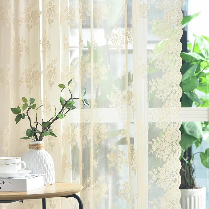 Kotile Beige Lace Sheer Curtains - Image 5