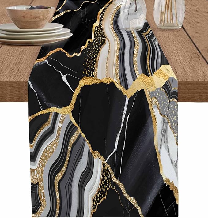 Geometric Black Marble Cotton Linen Table Runner for Dining Kitchen, Wedding Outdoor Party Tablerunners Decoration, Farm Marble Liquid Ripple Abstract Dresser Scarf Coffee Tablecloth Runners 13''x72''