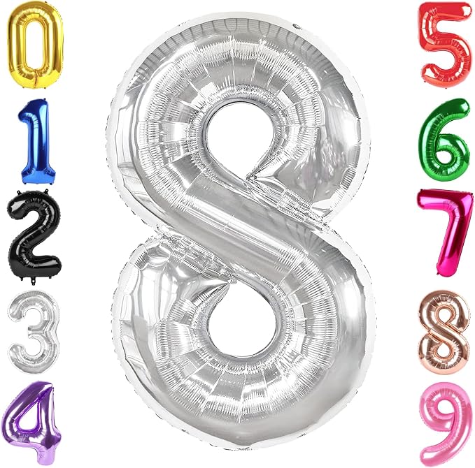 40 Inch Silver Number 8 Balloon Birthday Party Decorations by Hadoife