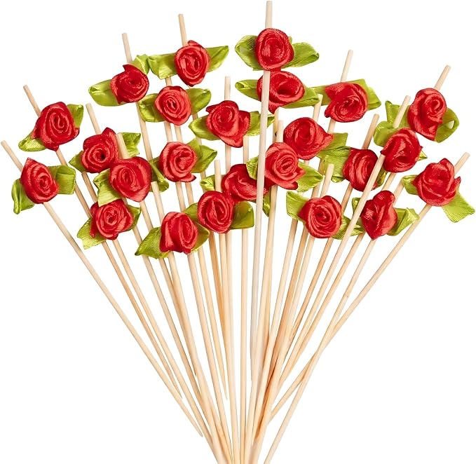 100PCS 4.7" Flower Cocktail Picks, Ribbon Rose Toothpicks Appetizer Skewers | by Barfroee