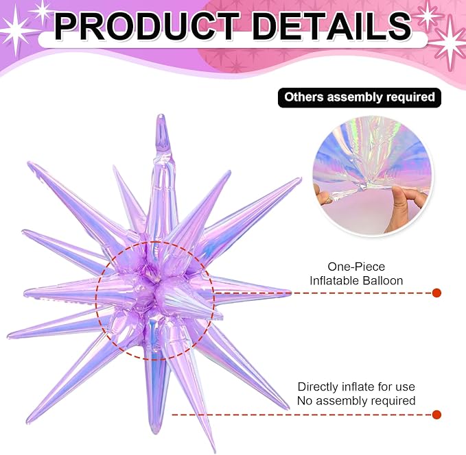 9Pcs Iridescent Purple Star Balloons, Large Explosion Foil Balloons, - Image 3
