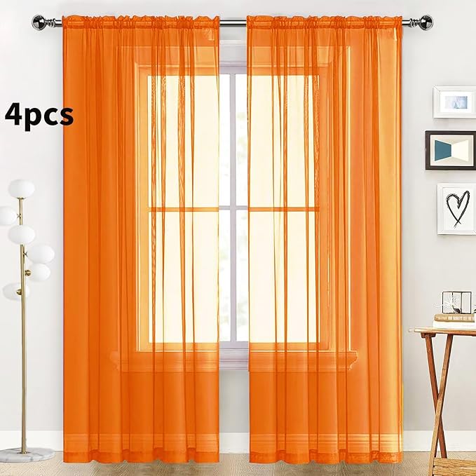 SpaceDresser Orange Sheer Curtains 4 Panels Rod Pocket Semi-Sheer Curtain 84 - Image 2