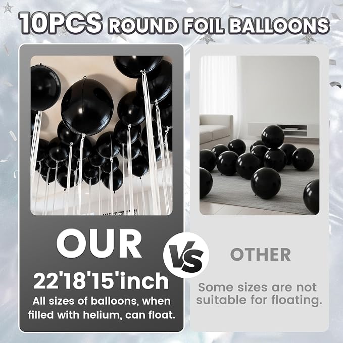 10Pcs Black Round Foil Balloons, Metallic Black Foil Baloon - Image 4