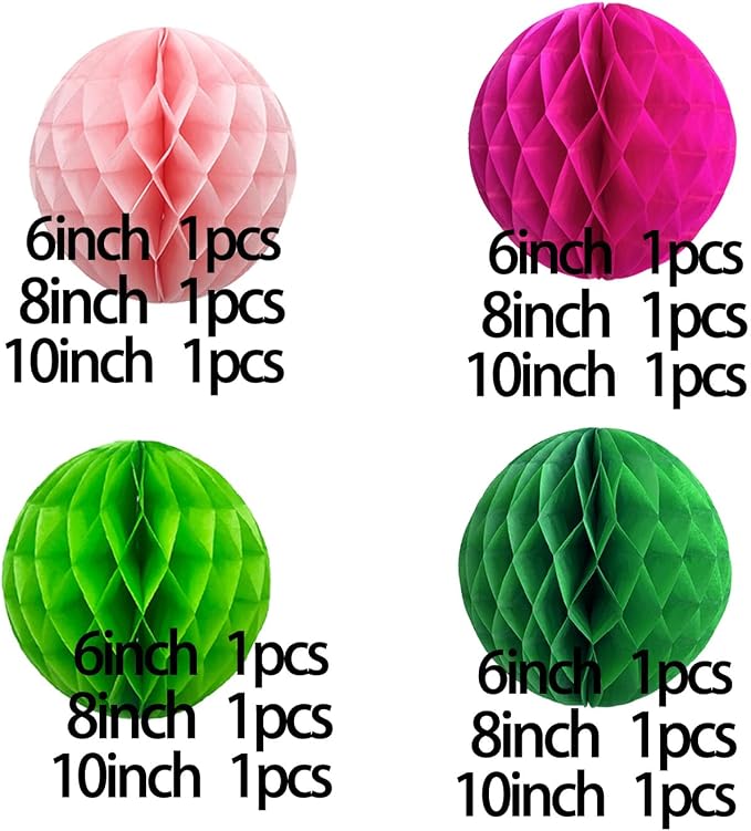 Hot Pink and Green Paper Honeycomb Balls, 12 Pack Hanging Tissue Pom poms - Image 4