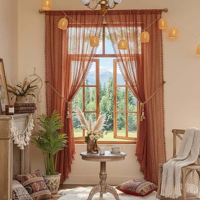 WAZZIO Boho Lace Curtains 80 Inches 2 Panel, Light Filtering Privacy Tassel & - Image 4