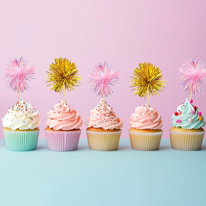 Gyufise 30Pcs Foil Firework Cupcake Toppers Sparkle Tinsel Cake Toppers Tinsel - Image 7