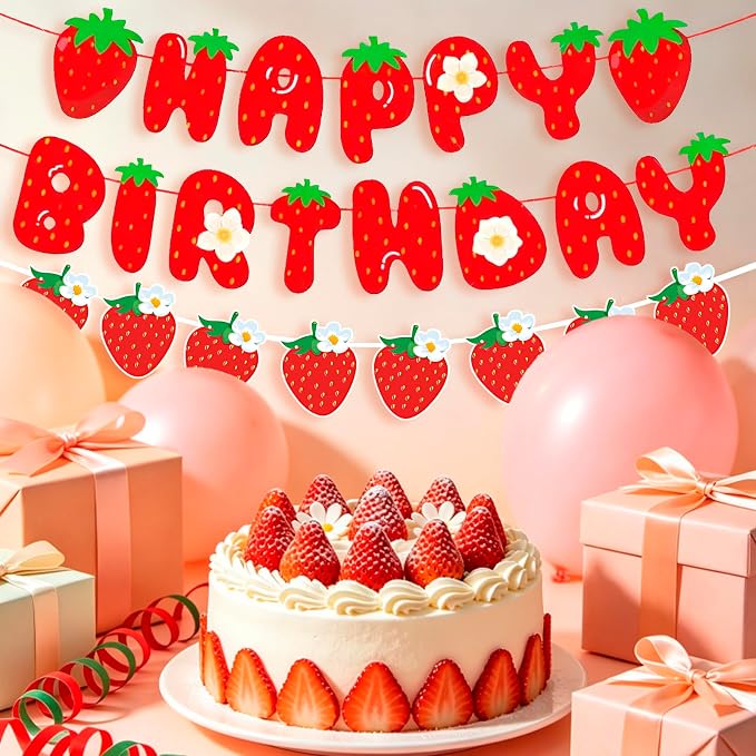 MEETINGU Strawberry Happy Birthday Banner, Strawberry Themed Birthday Party - Image 4