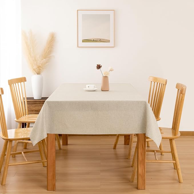 Hiasan Faux Linen Rectangle Tablecloth - Wrinkle and Stain Resistant Washable Table Cloth for Kitchen Dining Room Holiday Table Cover for Dinner, Beige, 60 x 140 Inch