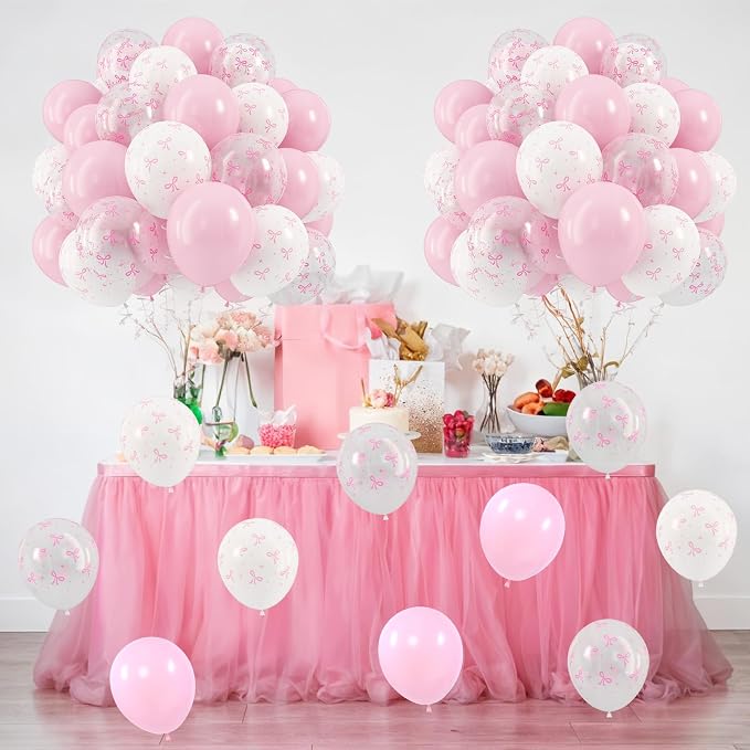 HILAVO Pink Bow Balloons, 12 Inch Pastel Light Pink Transparent White Bow Print - Image 8