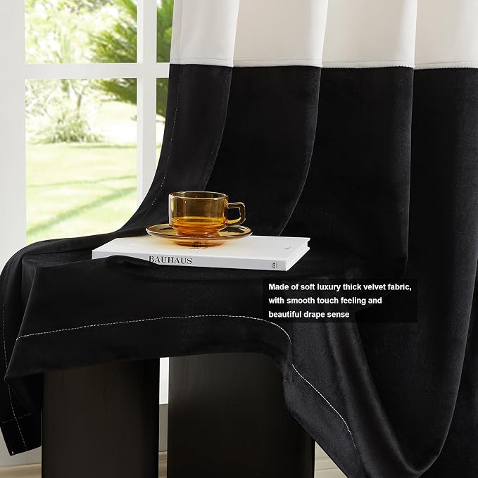 Modern Cream White Black Decorative Velvet Curtains 90 inches 2 Panels | Color - Image 5