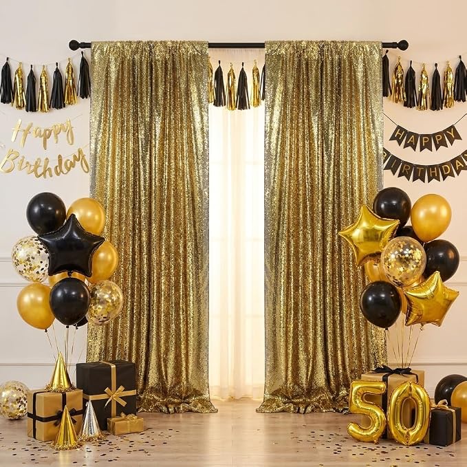 Black Gold Sequin Curtains Backdrop 6 Pcs 2FTx8FT Shiny Shimmer Fabric | - Image 4