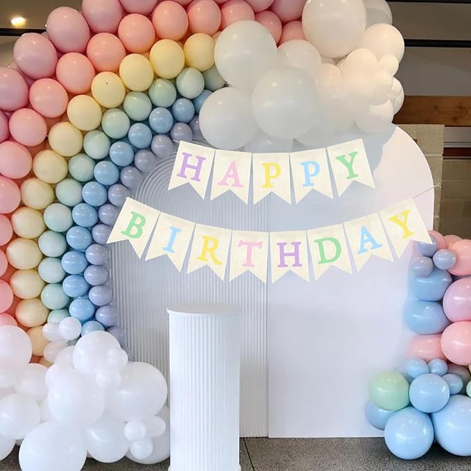 Pastel Rainbow Happy Birthday Banner Neutral Pre-strung Burlap Bunting Party - Image 4