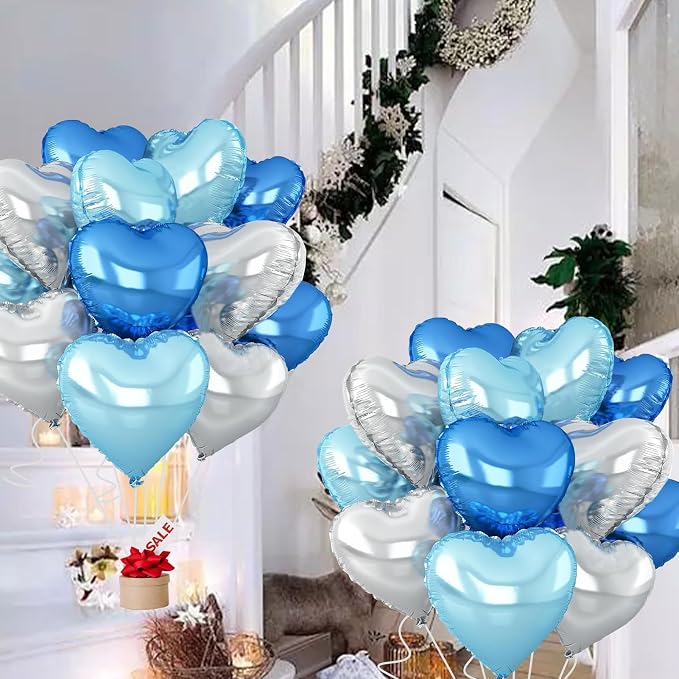 Silver Heart Balloons, 18inch Bright Blue Heart Shaped Foil Balloons & Blue - Image 5