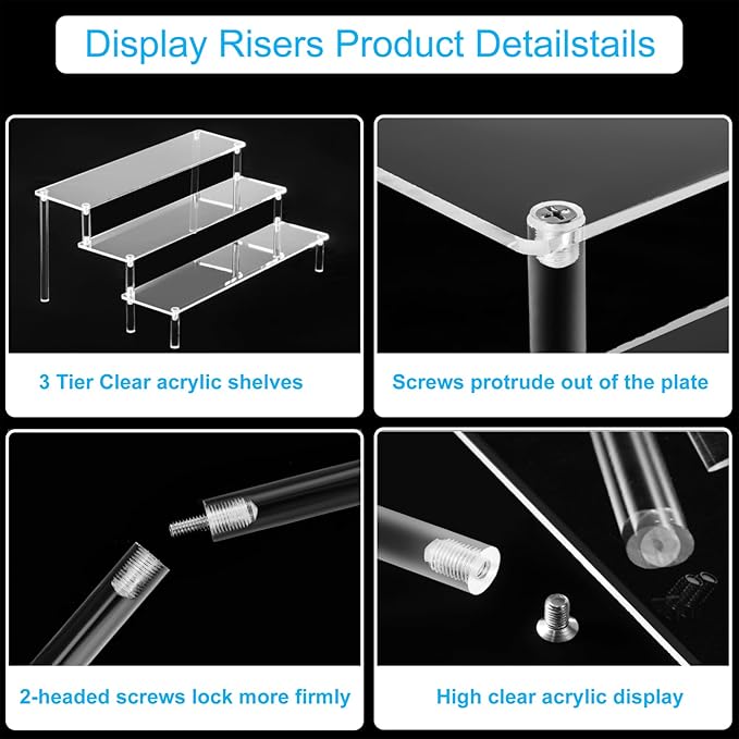 2PCS Large Acrylic Display Risers, Perfume Stand Organizer, Clear Acrylic Shelf Risers for Display Stands for Food, Tabletop Use, Amiibo Funko POP Figure, 3 Tier Clear Cupcake Stand Risers